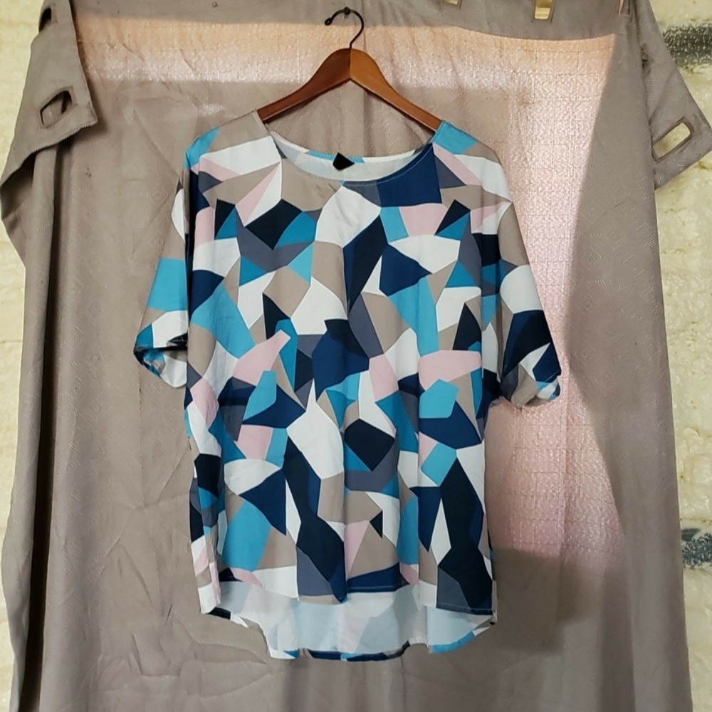 SheIn Blouse Womens Plus 3XL Multicolor Geometric Round Neck Kimono Tunic Top